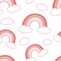 Seamless pattern colorful stylized rainbow clouds raindrops pink coral and beige pastel shades vector illustration